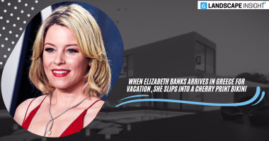 When Elizabeth Banks Arrives in Greece for Vacation, She Slips Into a Cherry Print Bikini