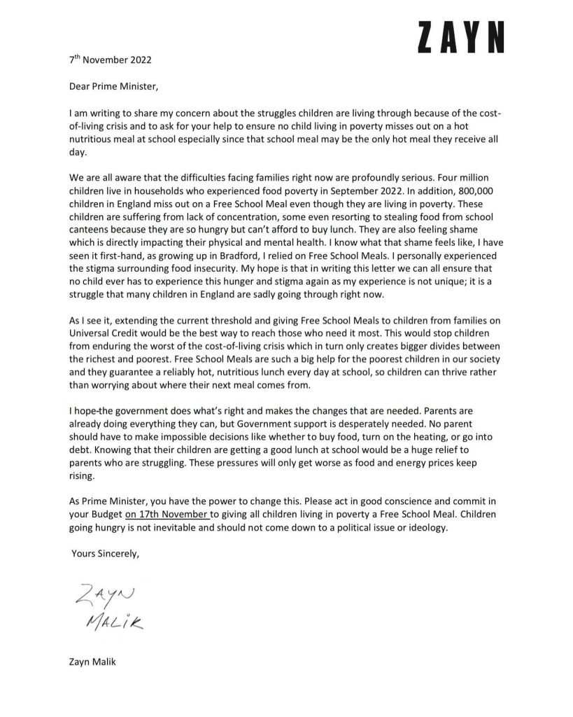 zayn letter to prime minister