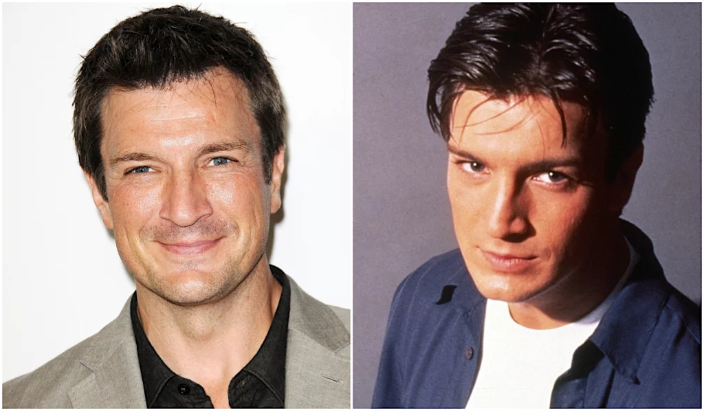 Nathan Fillion in his earlier days alongside how he looks now.