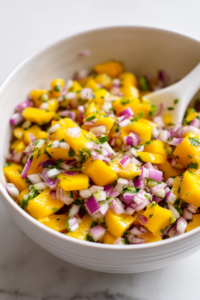 In a medium bowl, combine the diced mango, red onion, jalapeño, cilantro, lime juice, and salt