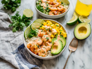 Shrimp and Avocado Bowls with Mango Salsa & Lime-chili Sauce