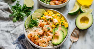 Shrimp and Avocado Bowls with Mango Salsa & Lime-chili Sauce