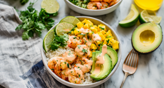 Shrimp and Avocado Bowls with Mango Salsa & Lime-chili Sauce