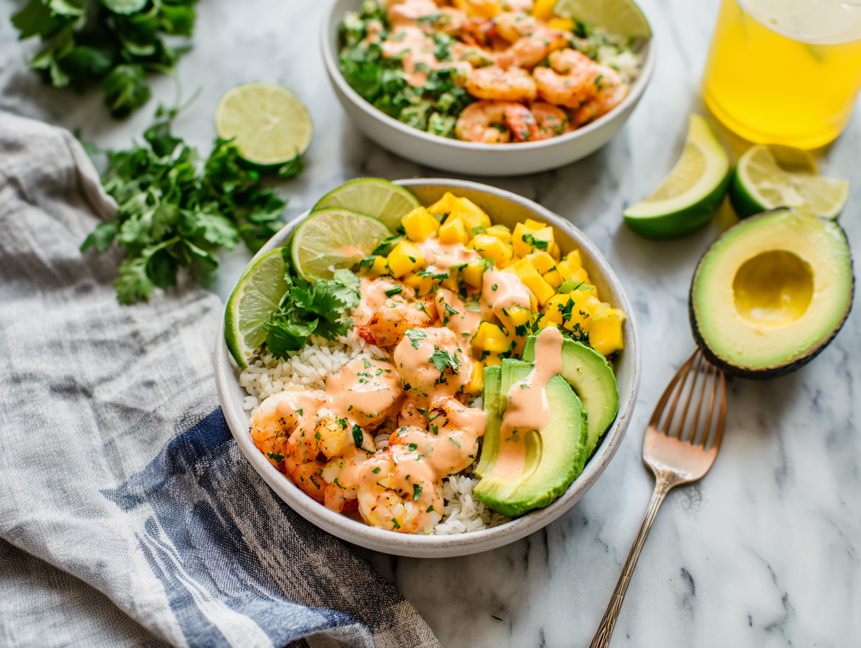 Shrimp and Avocado Bowls with Mango Salsa & Lime-chili Sauce